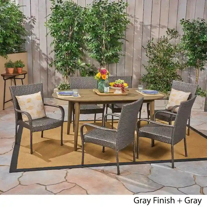 Elderon Outdoor 7 Piece Acacia Wood Dining Set with Stacking Wicker Chairs by Christopher Knight Home