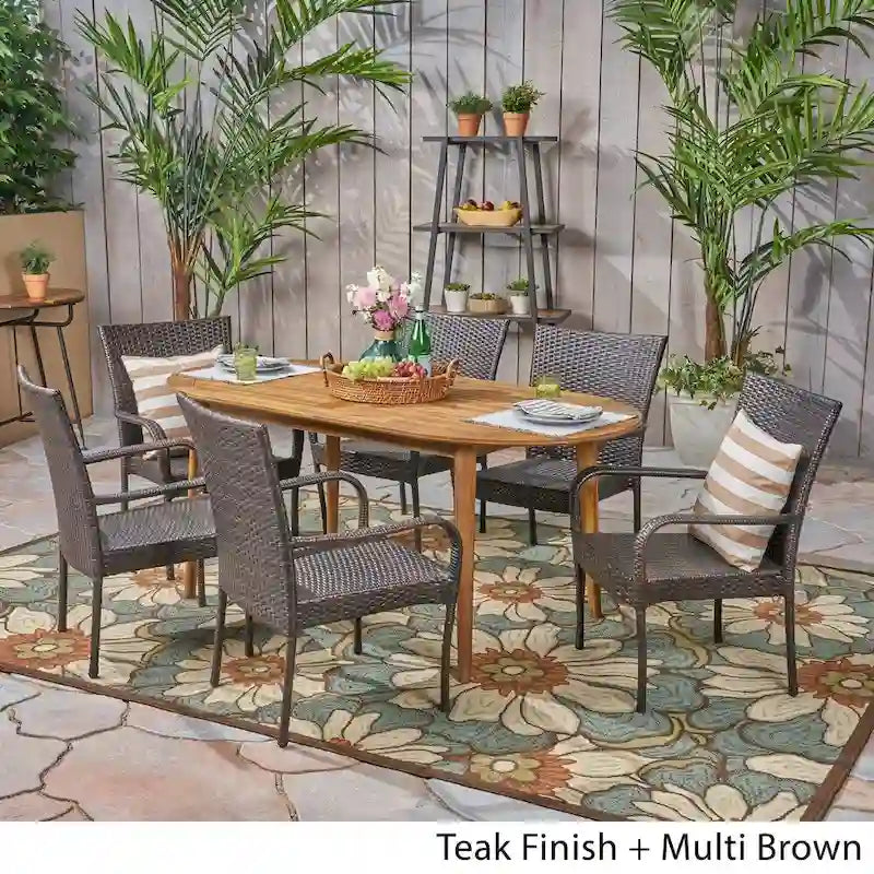 Elderon Outdoor 7 Piece Acacia Wood Dining Set with Stacking Wicker Chairs by Christopher Knight Home