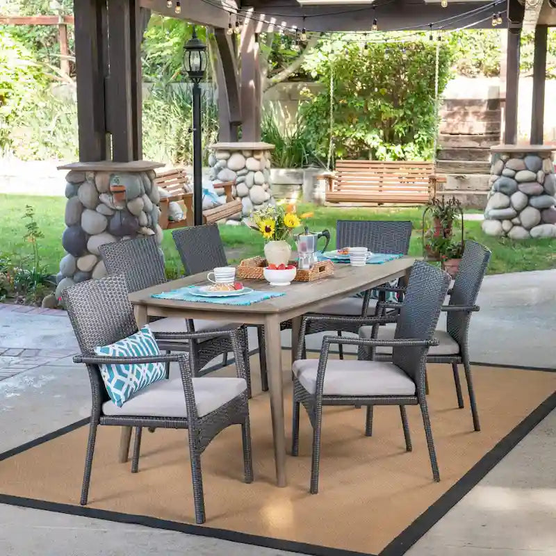 Talbot Outdoor 7-piece Wood Rectangle Dining Set with Cushions by Christopher Knight Home