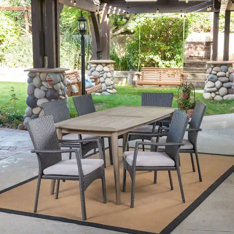 Talbot Outdoor 7-piece Wood Rectangle Dining Set with Cushions by Christopher Knight Home