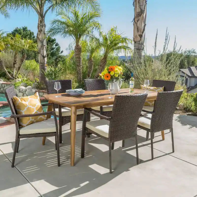 Talbot Outdoor 7-piece Wood Rectangle Dining Set with Cushions by Christopher Knight Home