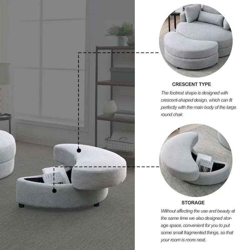 Fabric Swivel Barrel Chair with Storage Ottoman – Light Grey / Beige, Single Seat