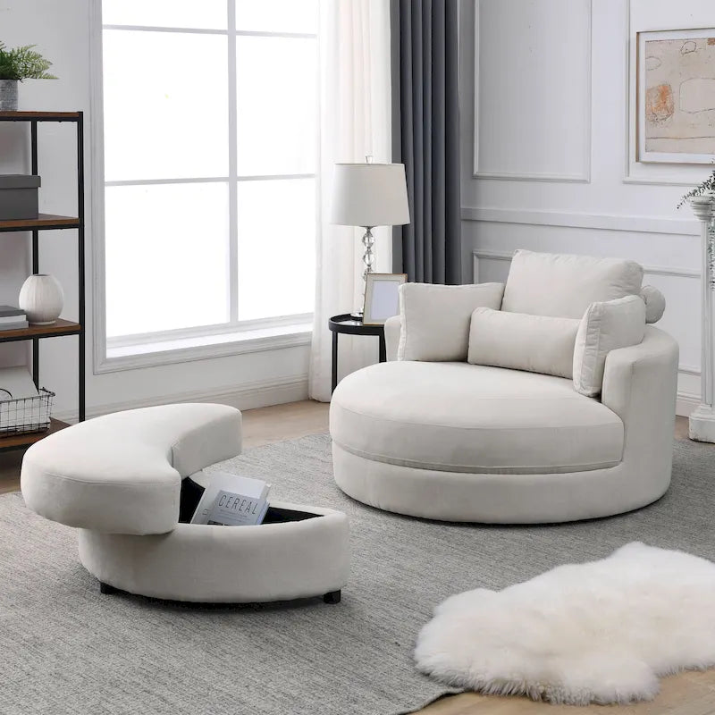 Fabric Swivel Barrel Chair with Storage Ottoman – Light Grey / Beige, Single Seat