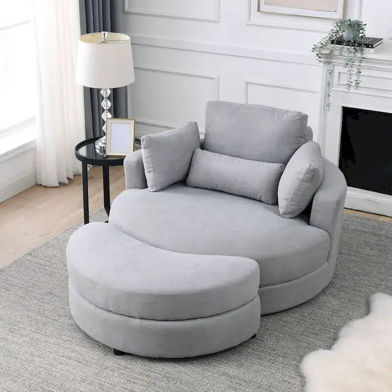 Fabric Swivel Barrel Chair with Storage Ottoman – Light Grey / Beige, Single Seat
