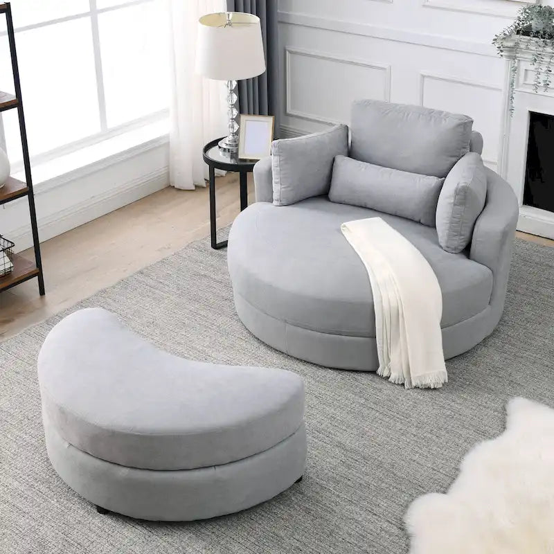 Fabric Swivel Barrel Chair with Storage Ottoman – Light Grey / Beige, Single Seat