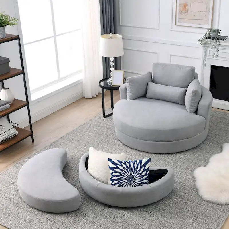 Fabric Swivel Barrel Chair with Storage Ottoman – Light Grey / Beige, Single Seat