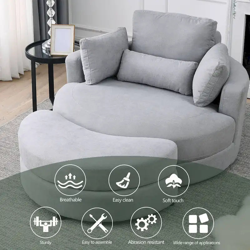 Fabric Swivel Barrel Chair with Storage Ottoman – Light Grey / Beige, Single Seat