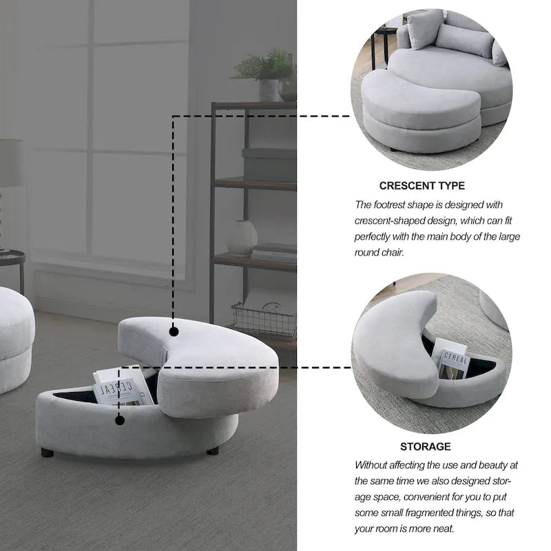 Fabric Swivel Barrel Chair with Storage Ottoman – Light Grey / Beige, Single Seat