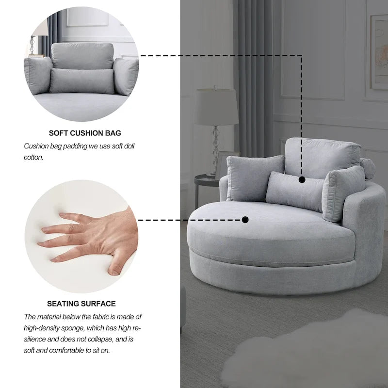 Fabric Swivel Barrel Chair with Storage Ottoman – Light Grey / Beige, Single Seat
