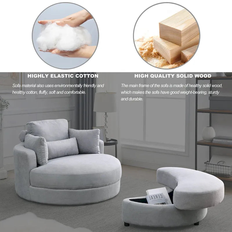 Fabric Swivel Barrel Chair with Storage Ottoman – Light Grey / Beige, Single Seat