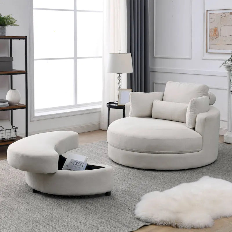 Fabric Swivel Barrel Chair with Storage Ottoman – Light Grey / Beige, Single Seat