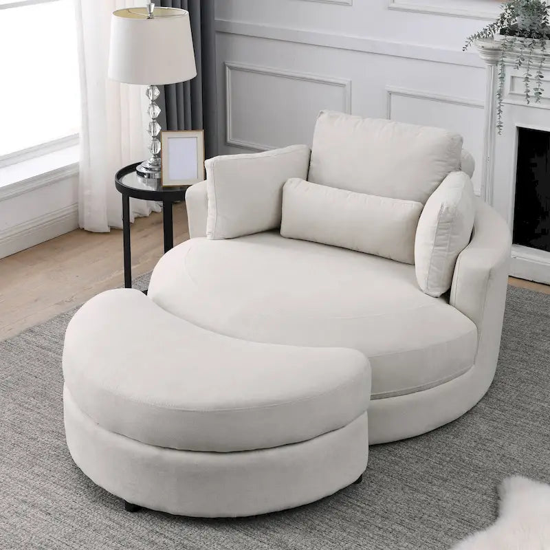 Fabric Swivel Barrel Chair with Storage Ottoman – Light Grey / Beige, Single Seat