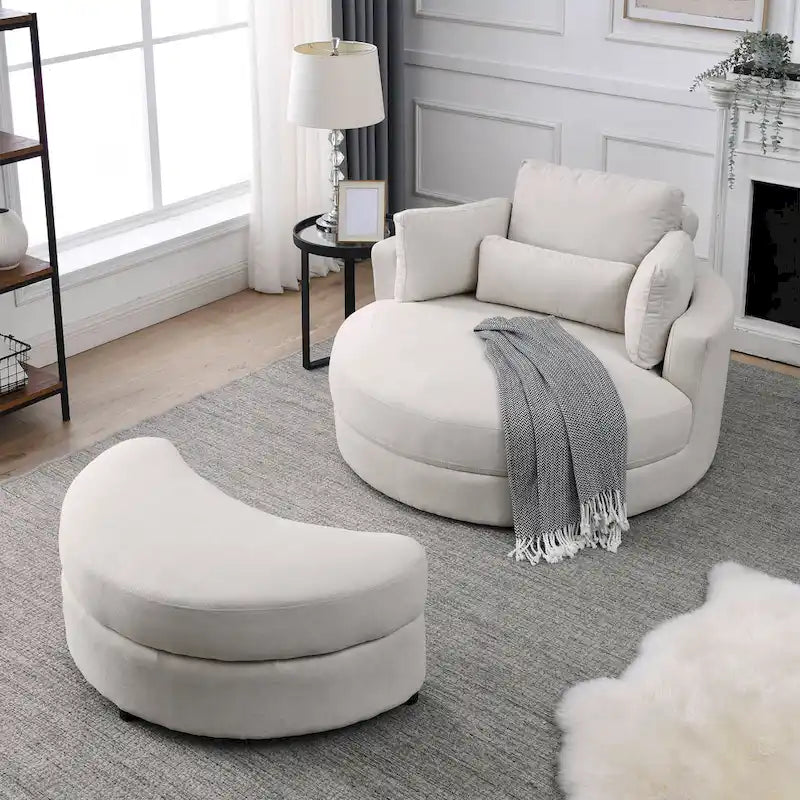 Fabric Swivel Barrel Chair with Storage Ottoman – Light Grey / Beige, Single Seat