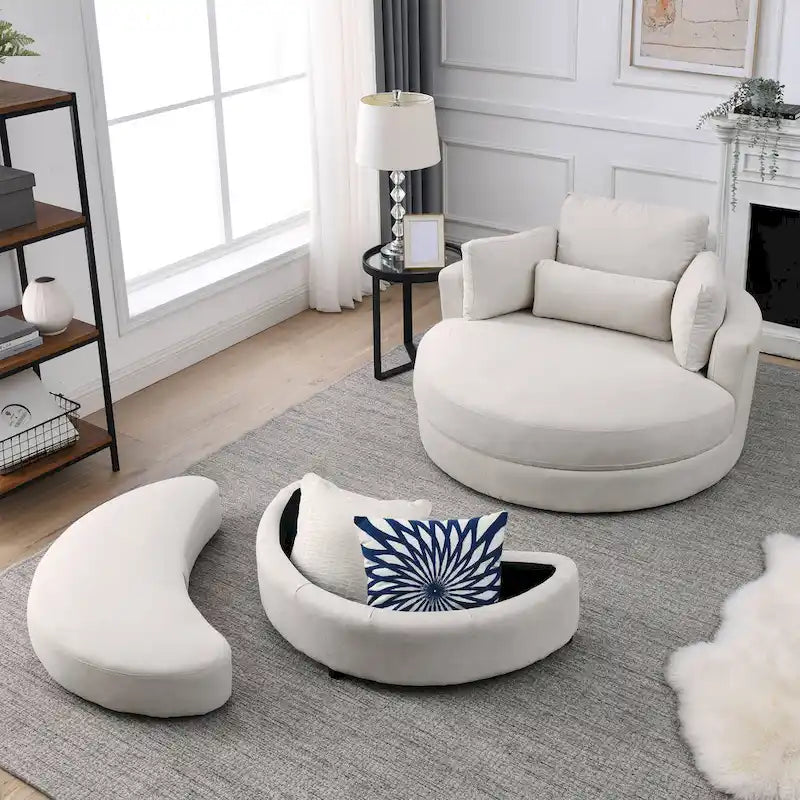 Fabric Swivel Barrel Chair with Storage Ottoman – Light Grey / Beige, Single Seat