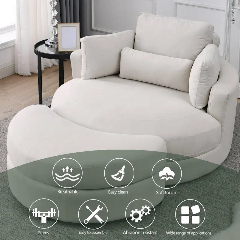 Fabric Swivel Barrel Chair with Storage Ottoman – Light Grey / Beige, Single Seat