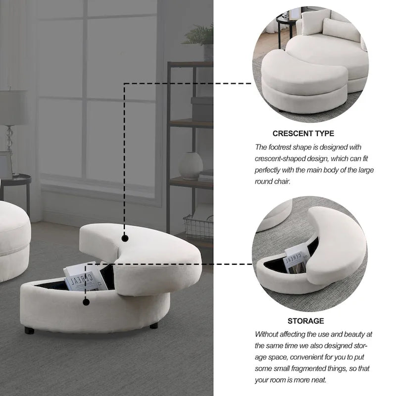 Fabric Swivel Barrel Chair with Storage Ottoman – Light Grey / Beige, Single Seat