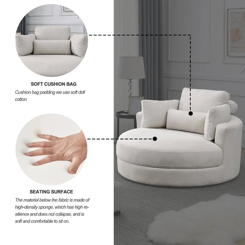 Fabric Swivel Barrel Chair with Storage Ottoman – Light Grey / Beige, Single Seat