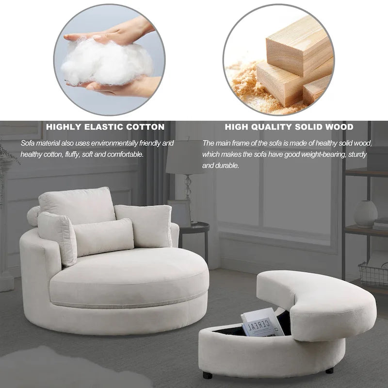 Fabric Swivel Barrel Chair with Storage Ottoman – Light Grey / Beige, Single Seat