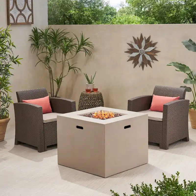 Houston Outdoor 2-Seater Wicker Print Club Chair Chat Set with Fire Pit by Christopher Knight Home