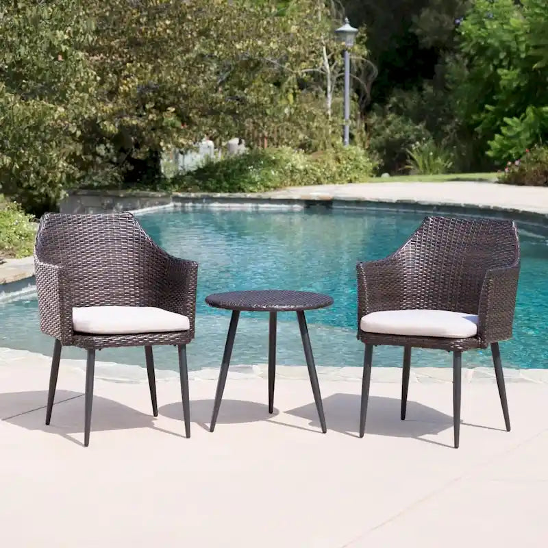 Iona Outdoor 3-Piece Round Wicker Chat Set with Cushions by Christopher Knight Home