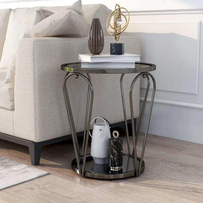Glass Top Metal End Table with Mirror Shelf – Grey / Chrome