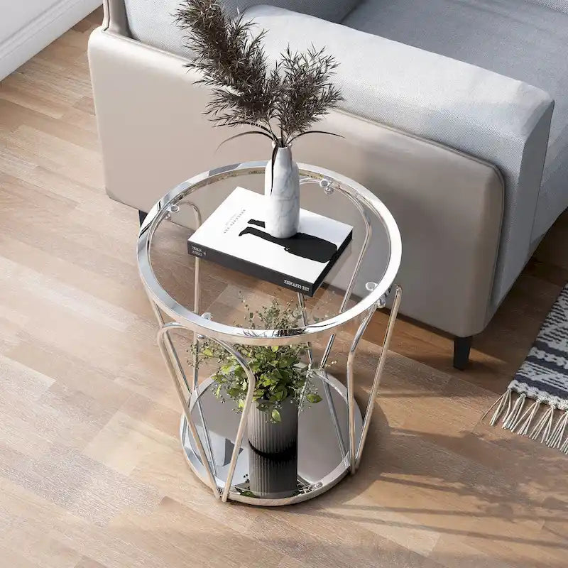 Glass Top Metal End Table with Mirror Shelf – Grey / Chrome