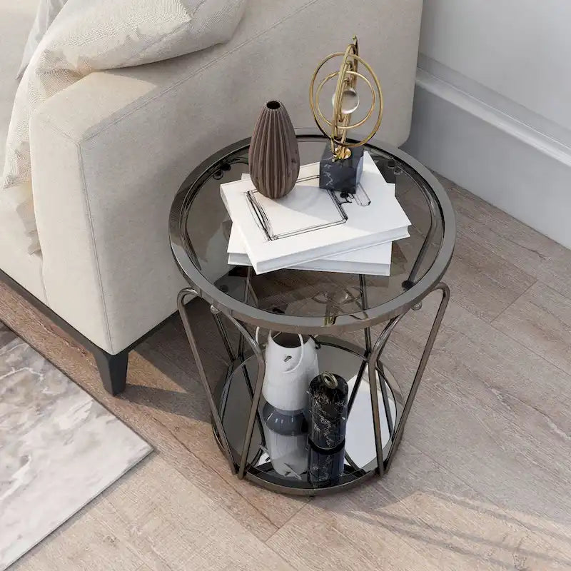Glass Top Metal End Table with Mirror Shelf – Grey / Chrome