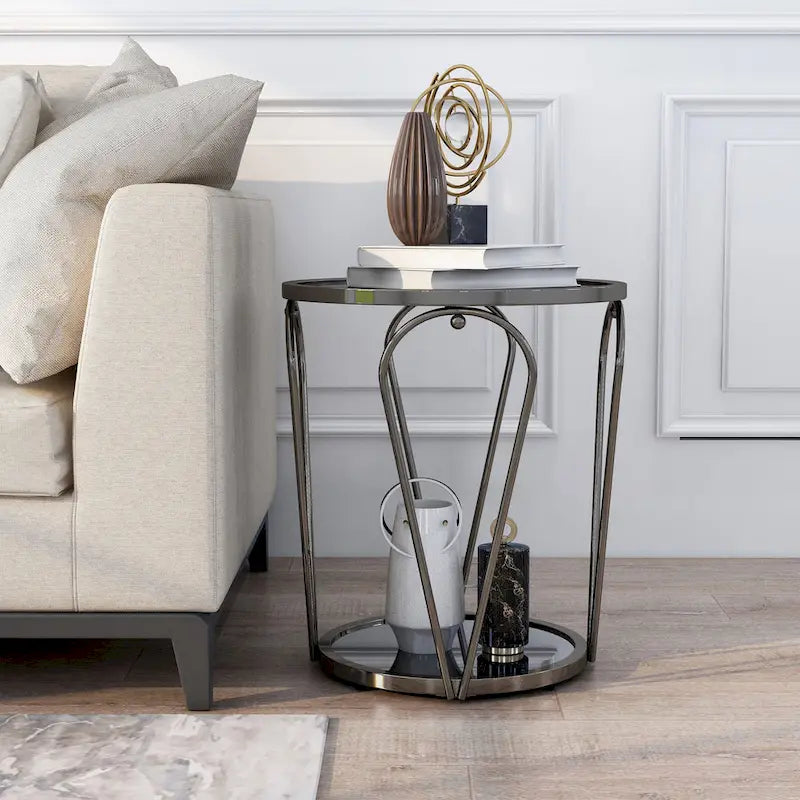 Glass Top Metal End Table with Mirror Shelf – Grey / Chrome