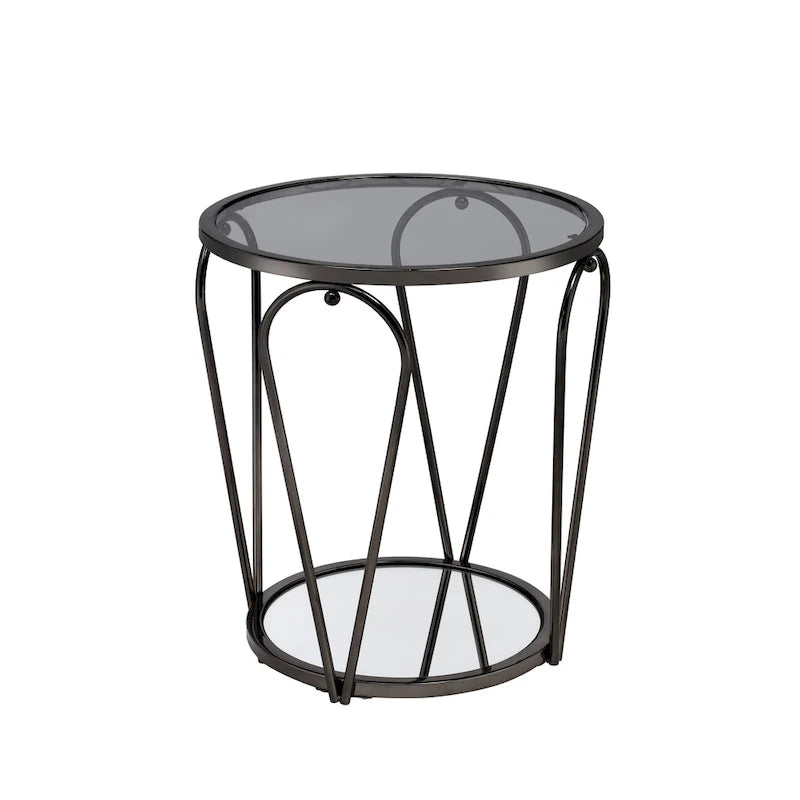 Glass Top Metal End Table with Mirror Shelf – Grey / Chrome