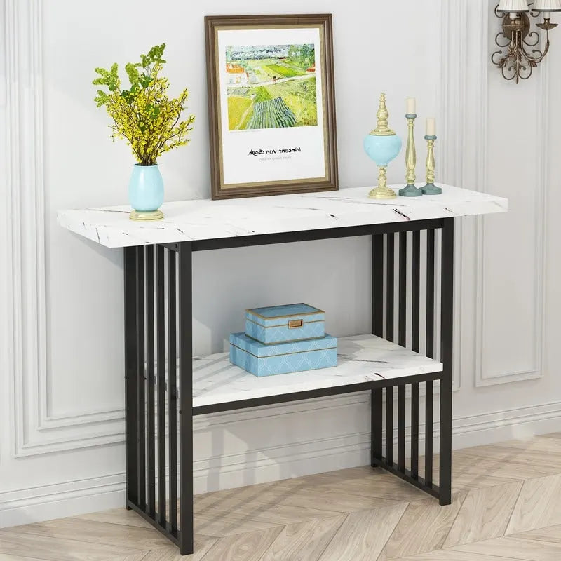 Narrow Console Table with Geometric Metal Legs – Gold / Black