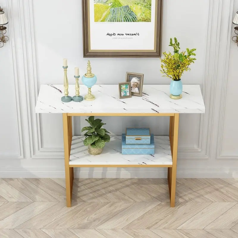 Narrow Console Table with Geometric Metal Legs – Gold / Black