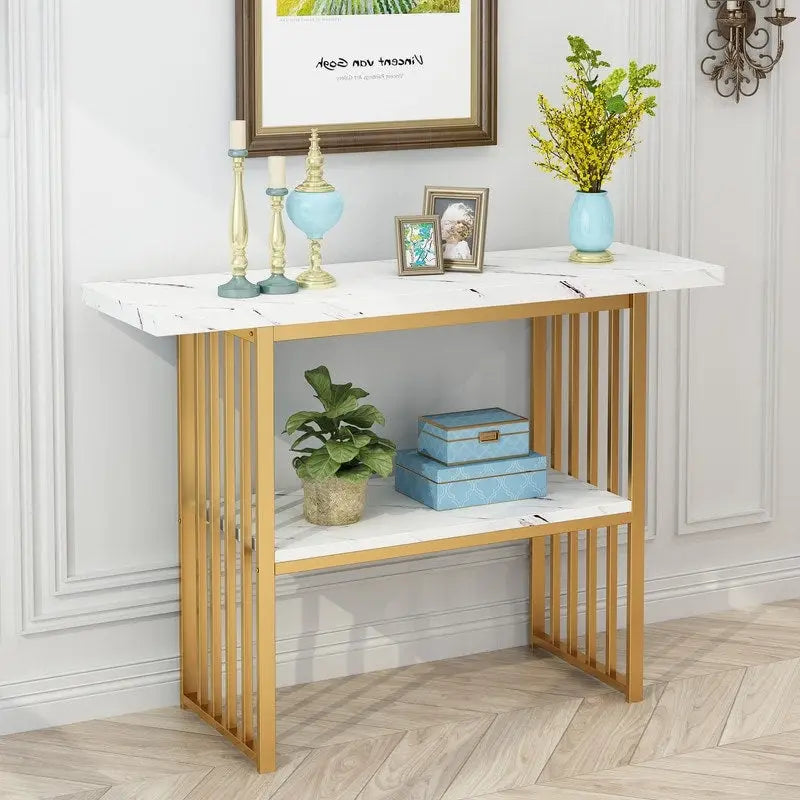 Narrow Console Table with Geometric Metal Legs – Gold / Black