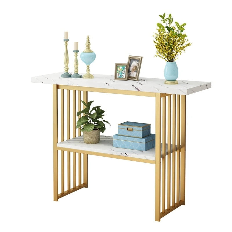 Narrow Console Table with Geometric Metal Legs – Gold / Black