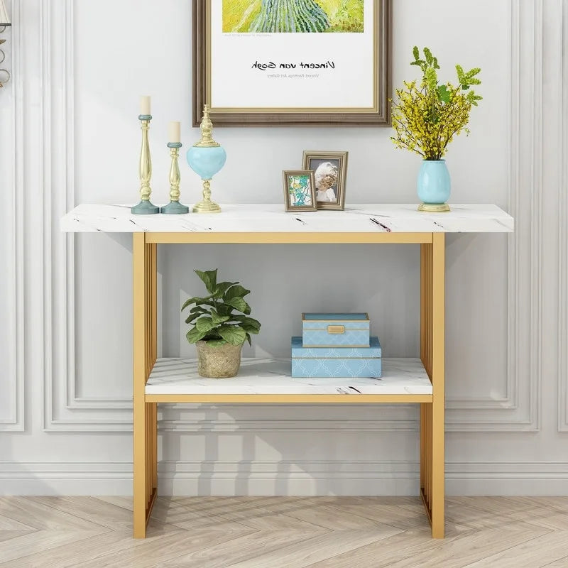 Narrow Console Table with Geometric Metal Legs – Gold / Black