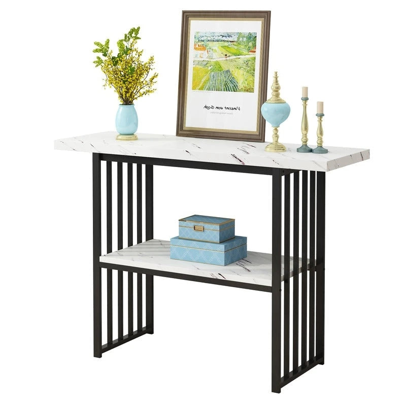 Narrow Console Table with Geometric Metal Legs – Gold / Black