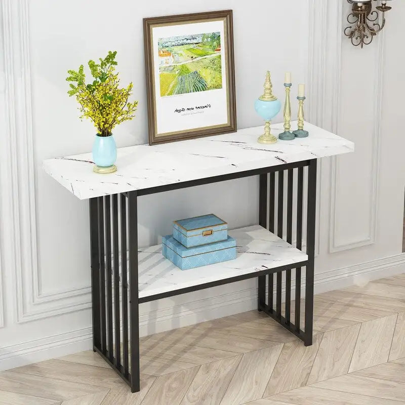 Narrow Console Table with Geometric Metal Legs – Gold / Black