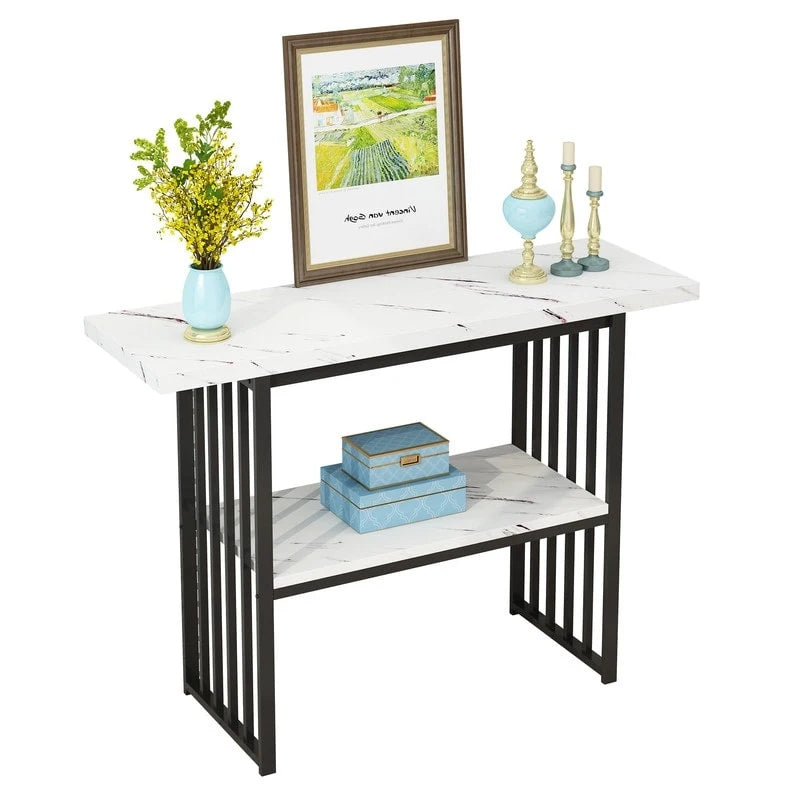 Narrow Console Table with Geometric Metal Legs – Gold / Black