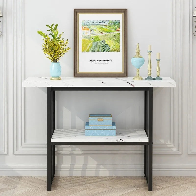 Narrow Console Table with Geometric Metal Legs – Gold / Black