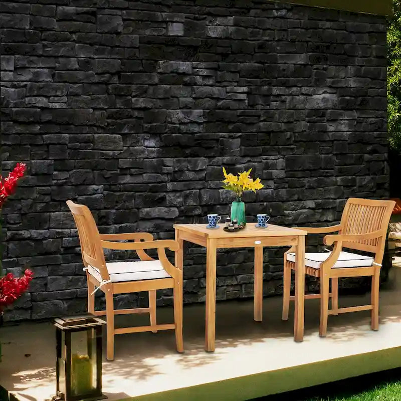 Chic Teak 3 Piece Teak Wood Florence Intimate Bistro Dining Set including 27  Square Table and 2 Arm Chairs