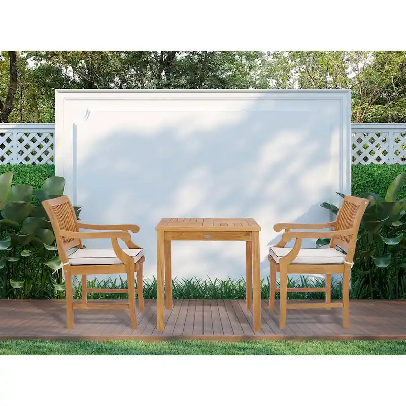 Chic Teak 3 Piece Teak Wood Florence Intimate Bistro Dining Set including 27  Square Table and 2 Arm Chairs