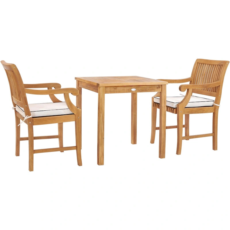 Chic Teak 3 Piece Teak Wood Florence Intimate Bistro Dining Set including 27  Square Table and 2 Arm Chairs