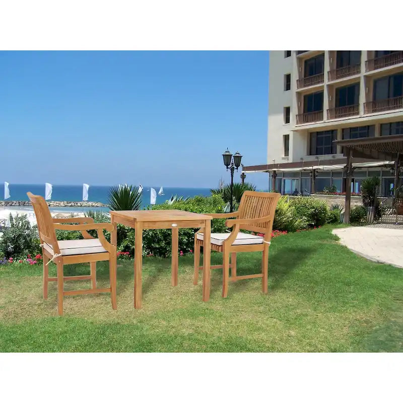 Chic Teak 3 Piece Teak Wood Florence Intimate Bistro Dining Set including 27  Square Table and 2 Arm Chairs