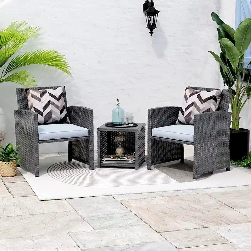 3 Pieces Rocking Bistro Set, Patio Rattan Furniture Conversation Chairs with Coffee Table & Cushions for Balcony Porch Poolside