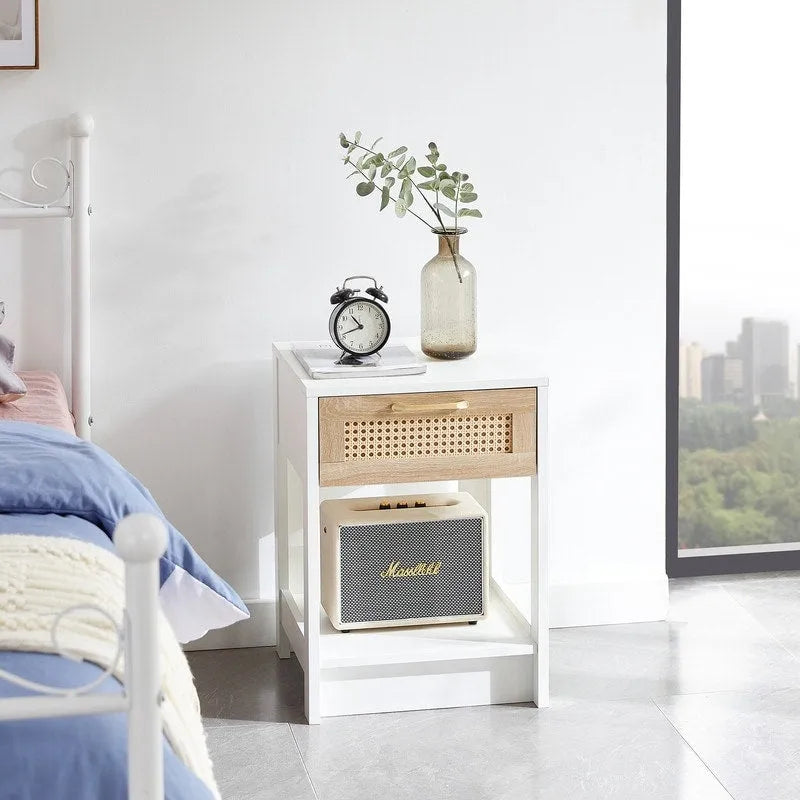 Square Rattan & MDF Nightstand with Storage Drawer – Rustic Brown / Black / Natural / White