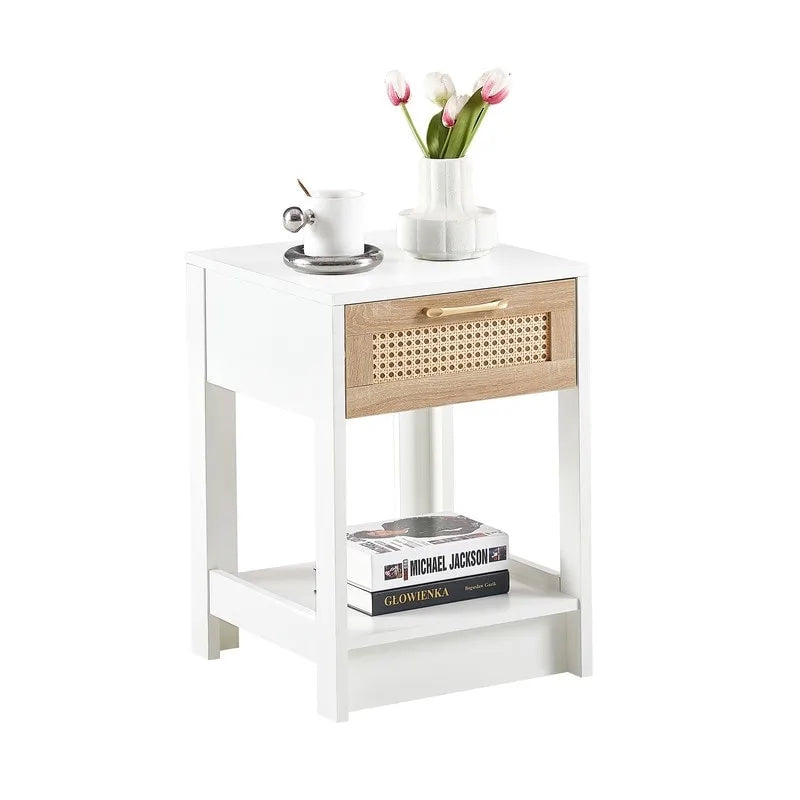 Square Rattan & MDF Nightstand with Storage Drawer – Rustic Brown / Black / Natural / White