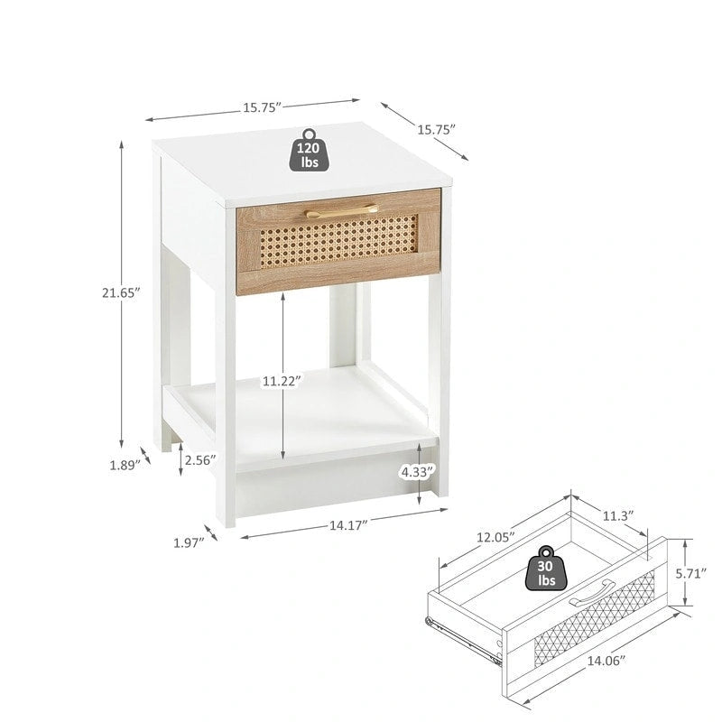 Square Rattan & MDF Nightstand with Storage Drawer – Rustic Brown / Black / Natural / White