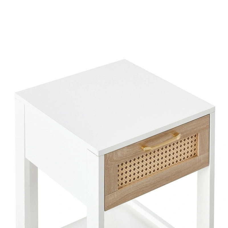 Square Rattan & MDF Nightstand with Storage Drawer – Rustic Brown / Black / Natural / White