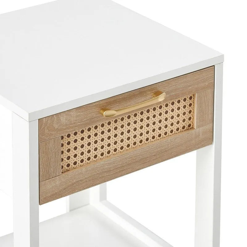 Square Rattan & MDF Nightstand with Storage Drawer – Rustic Brown / Black / Natural / White