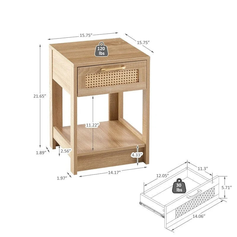 Square Rattan & MDF Nightstand with Storage Drawer – Rustic Brown / Black / Natural / White