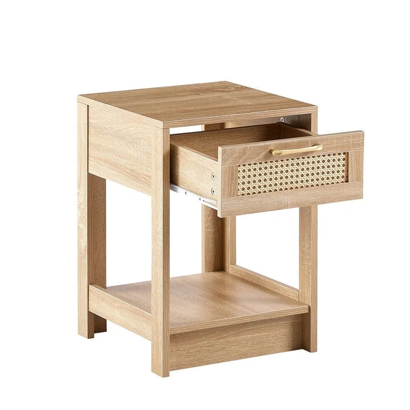 Square Rattan & MDF Nightstand with Storage Drawer – Rustic Brown / Black / Natural / White
